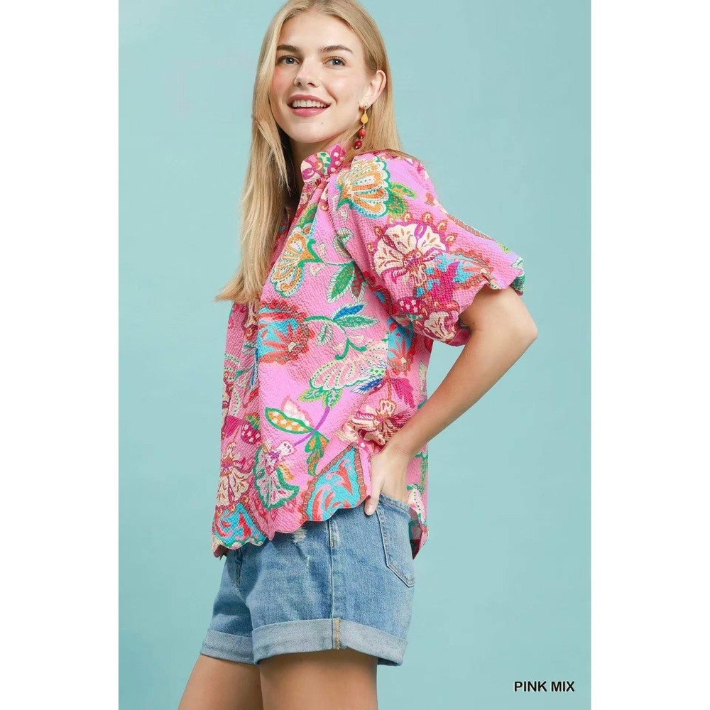 Umgee Mix Floral Print Scallop Hem Blouse - Pink mix - medium - Picture 2 of 5
